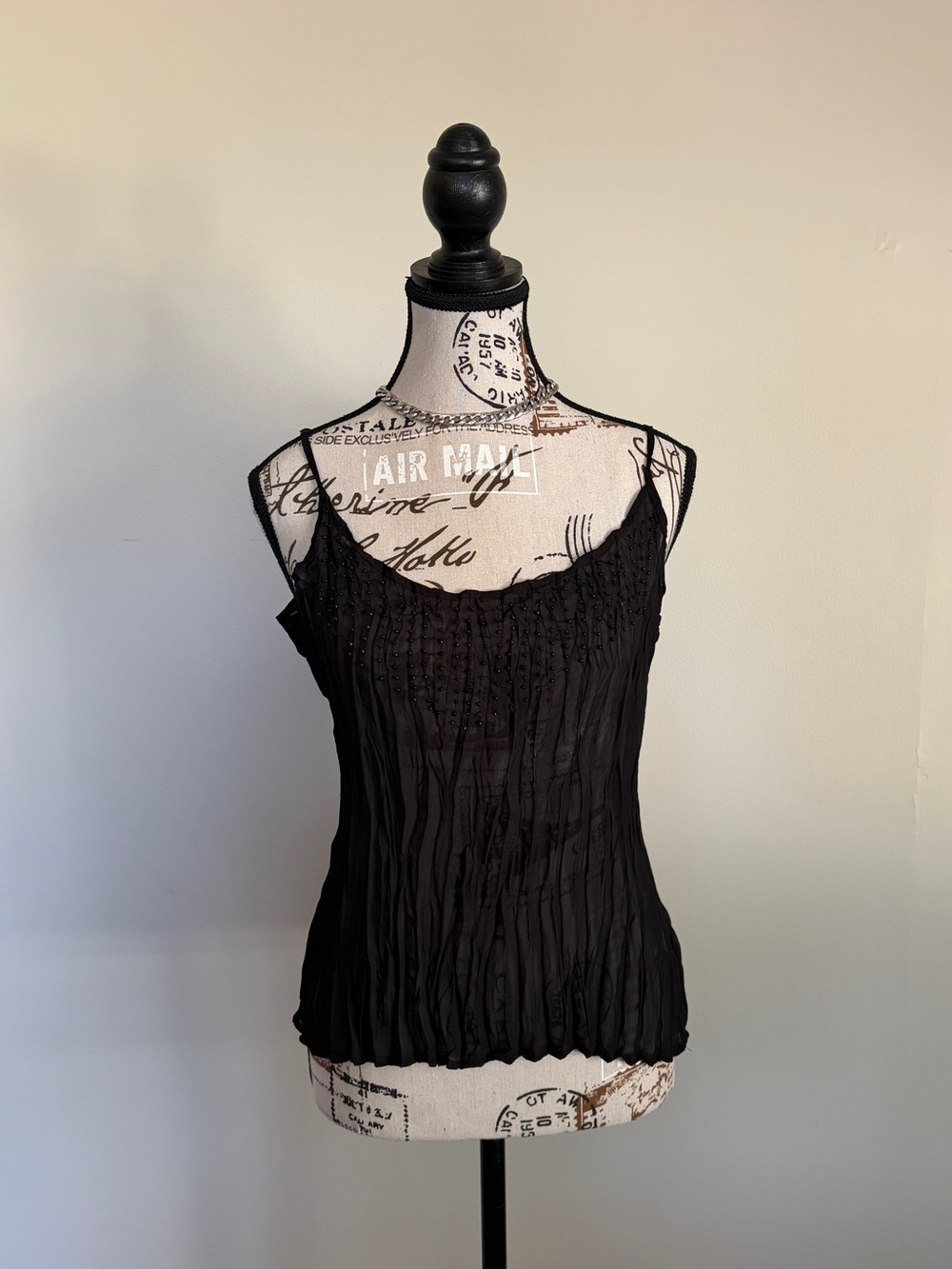 Y2K Black Sheer Beaded Micro Pleated Cami Fairy Grunge Whimsigoth